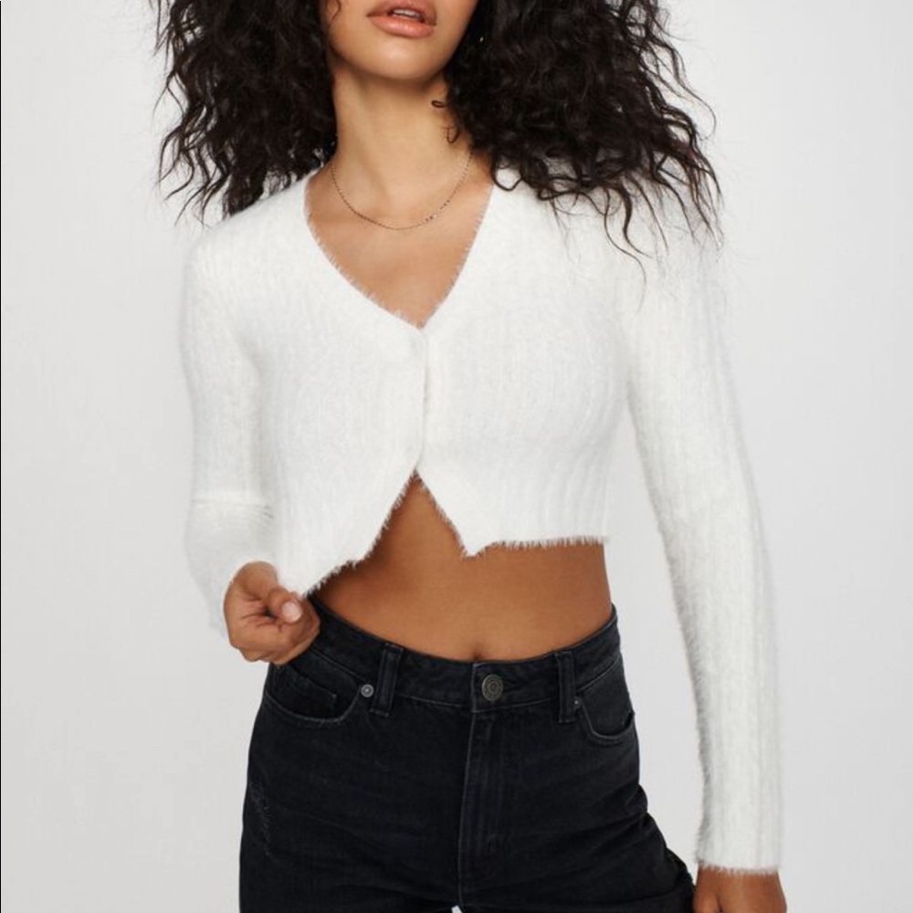 Garage White Fuzzy Cropped Cardigan